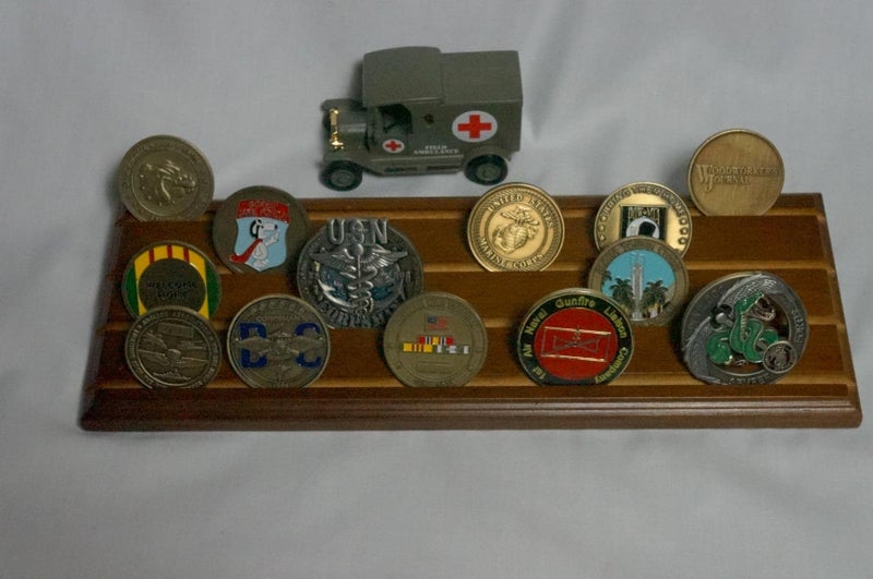 DisplayGifts Challenge Coin Display Stand 4 Row Wooden Holder Rack Case Holds 28 Coins Walnut Finish - Image 3